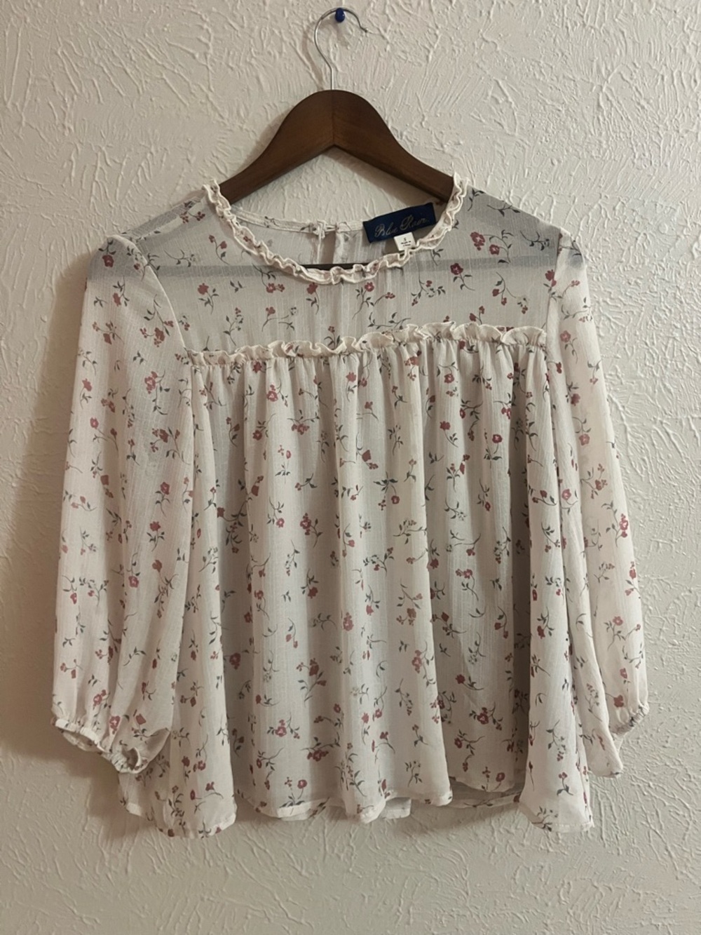 Blue Rain Floral Ruffle Blouse Size Small Cottagecore Sheer Top